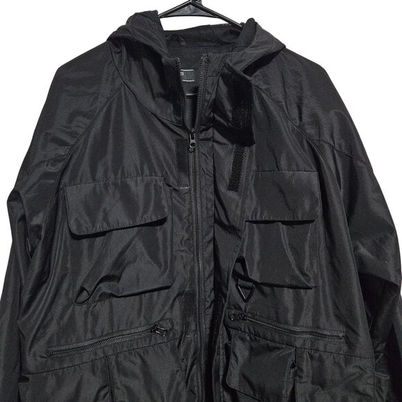 Forever 21 Hooded Utility Jacket Mens Size Large Black Pockets Zippered Back - Picture 8 of 9